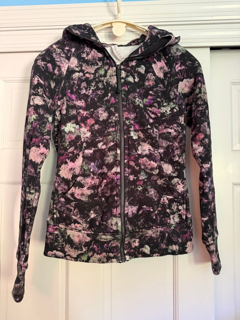 lululemon athletica Black Zip Scuba Hoodie with Pink & Green Floral Wash